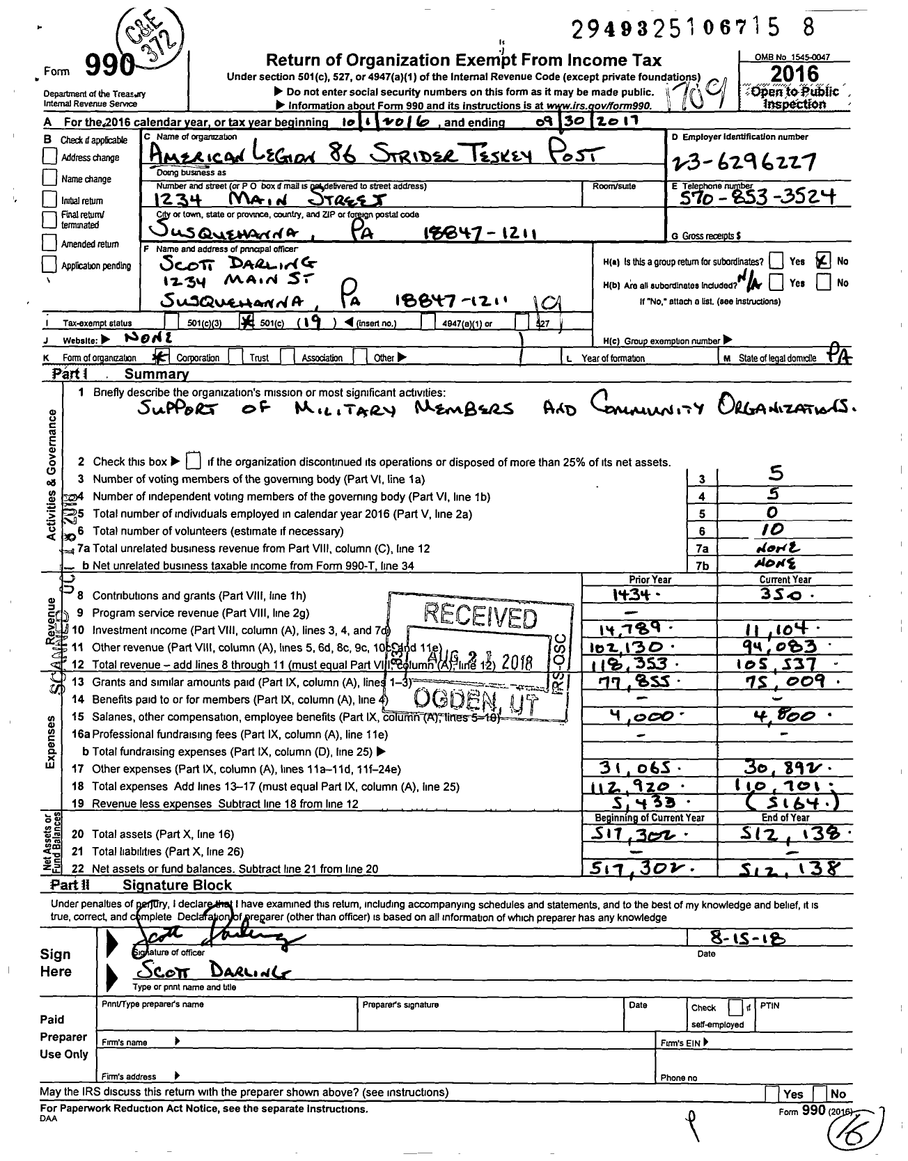 Image of first page of 2016 Form 990O for American Legion - American Legion 86 Strider-Tesky Post