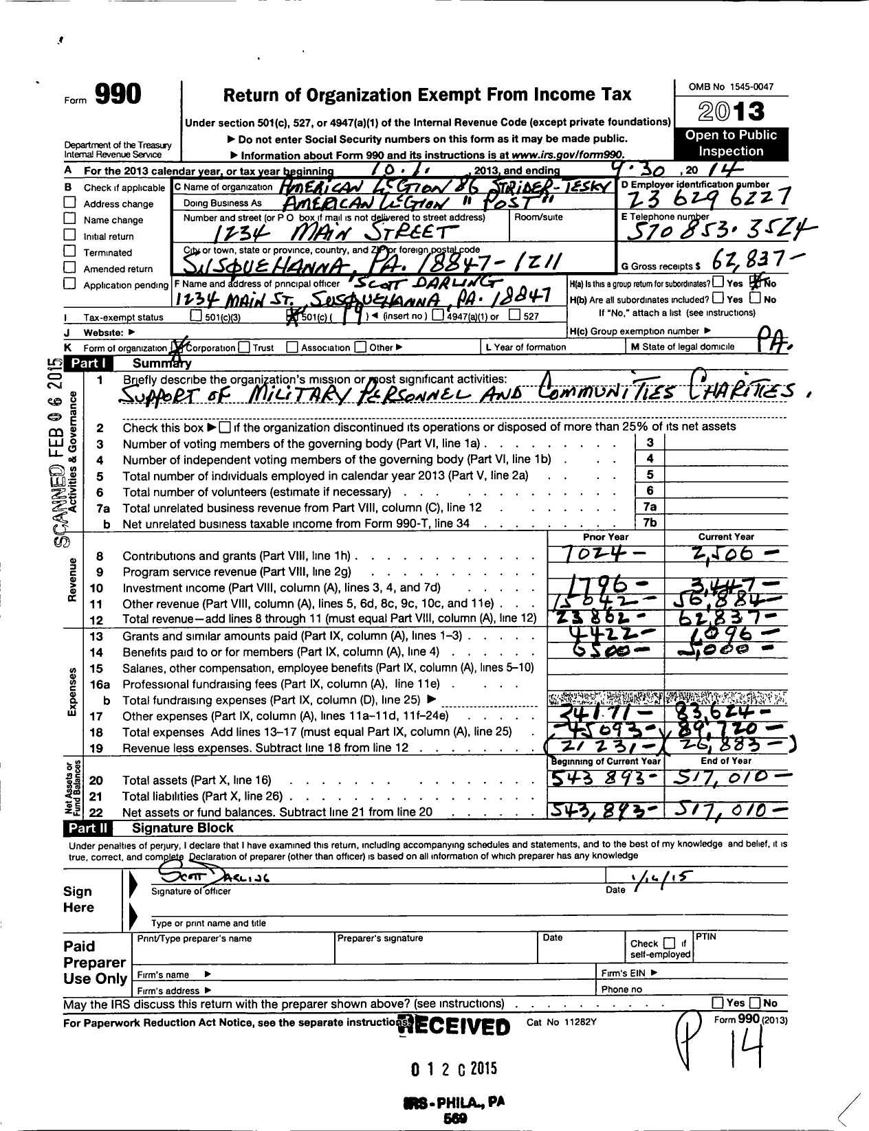 Image of first page of 2013 Form 990O for American Legion - American Legion 86 Strider-Tesky Post