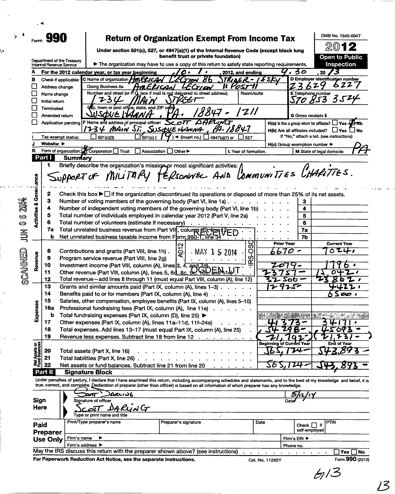 Image of first page of 2012 Form 990O for American Legion - American Legion 86 Strider-Tesky Post
