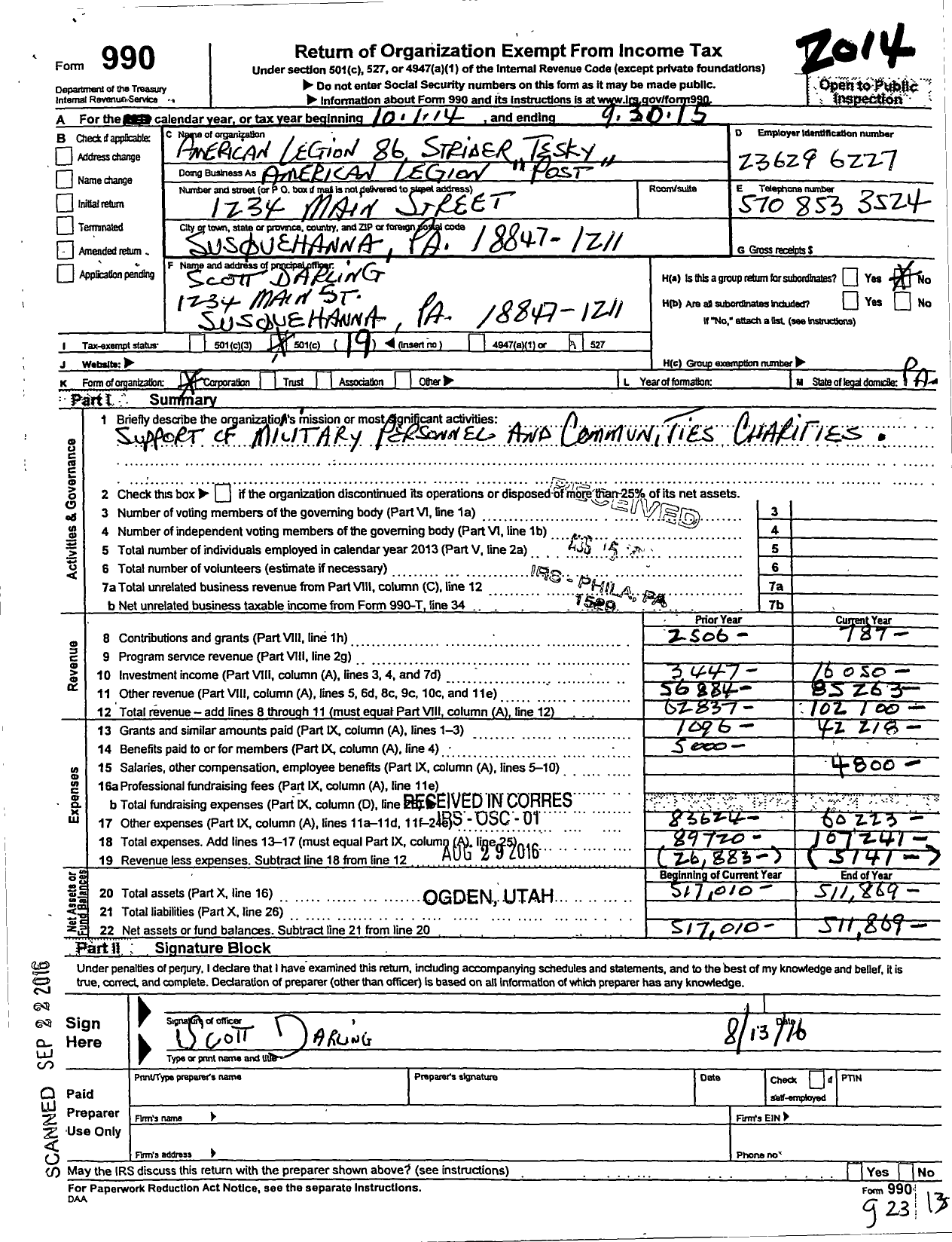 Image of first page of 2014 Form 990O for American Legion - American Legion 86 Strider-Tesky Post