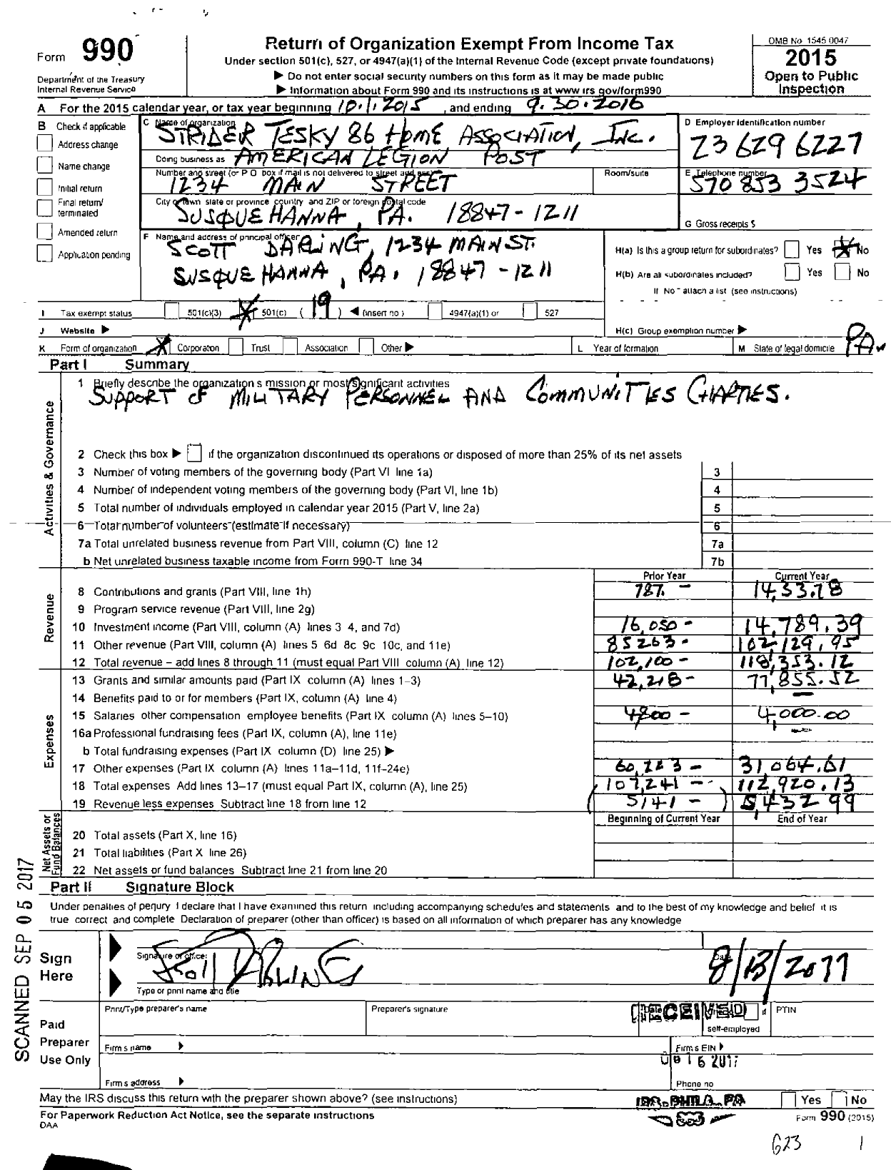 Image of first page of 2015 Form 990O for American Legion - American Legion 86 Strider-Tesky Post