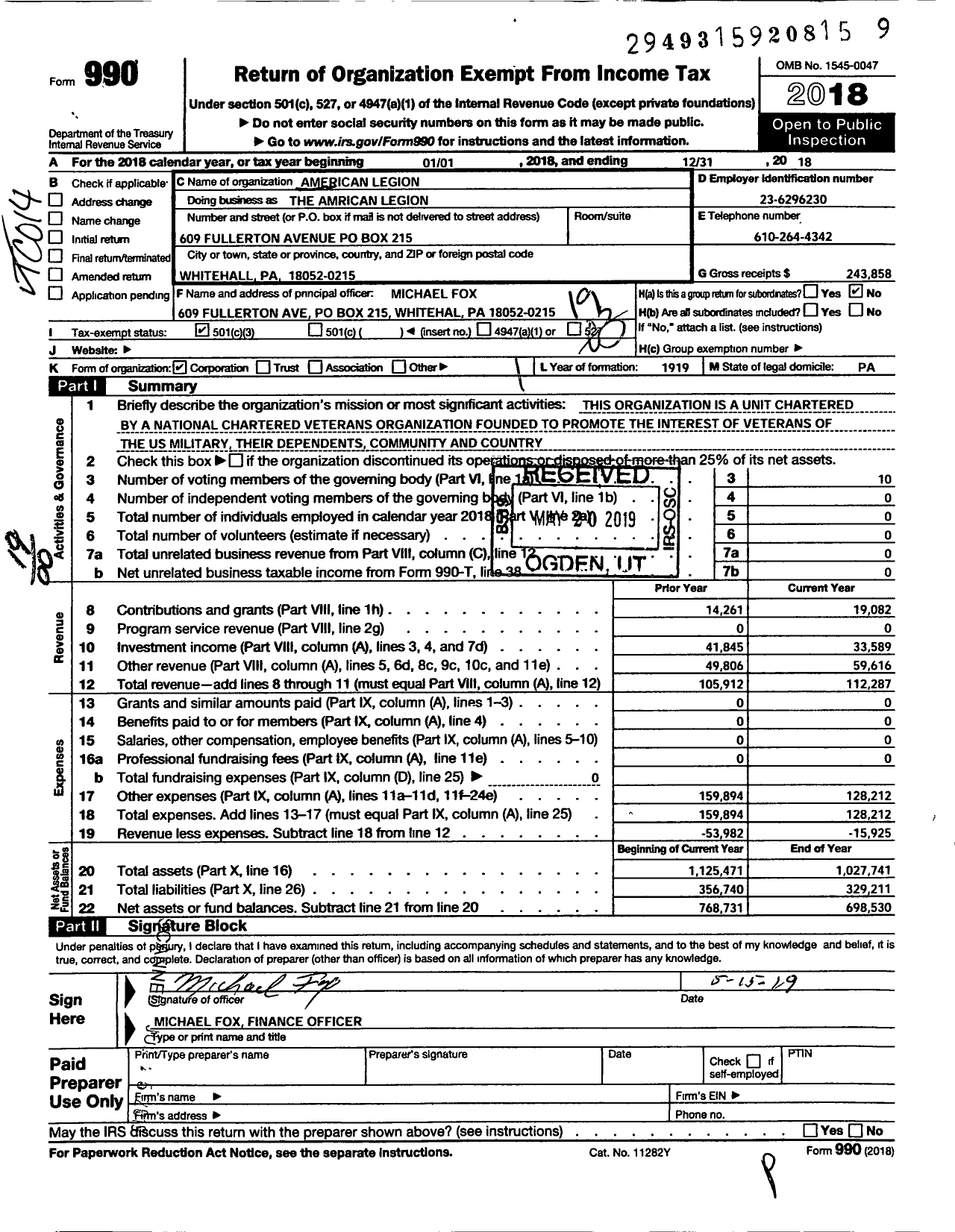 Image of first page of 2018 Form 990O for American Legion - Fullerton Post 367 of the Am Legion