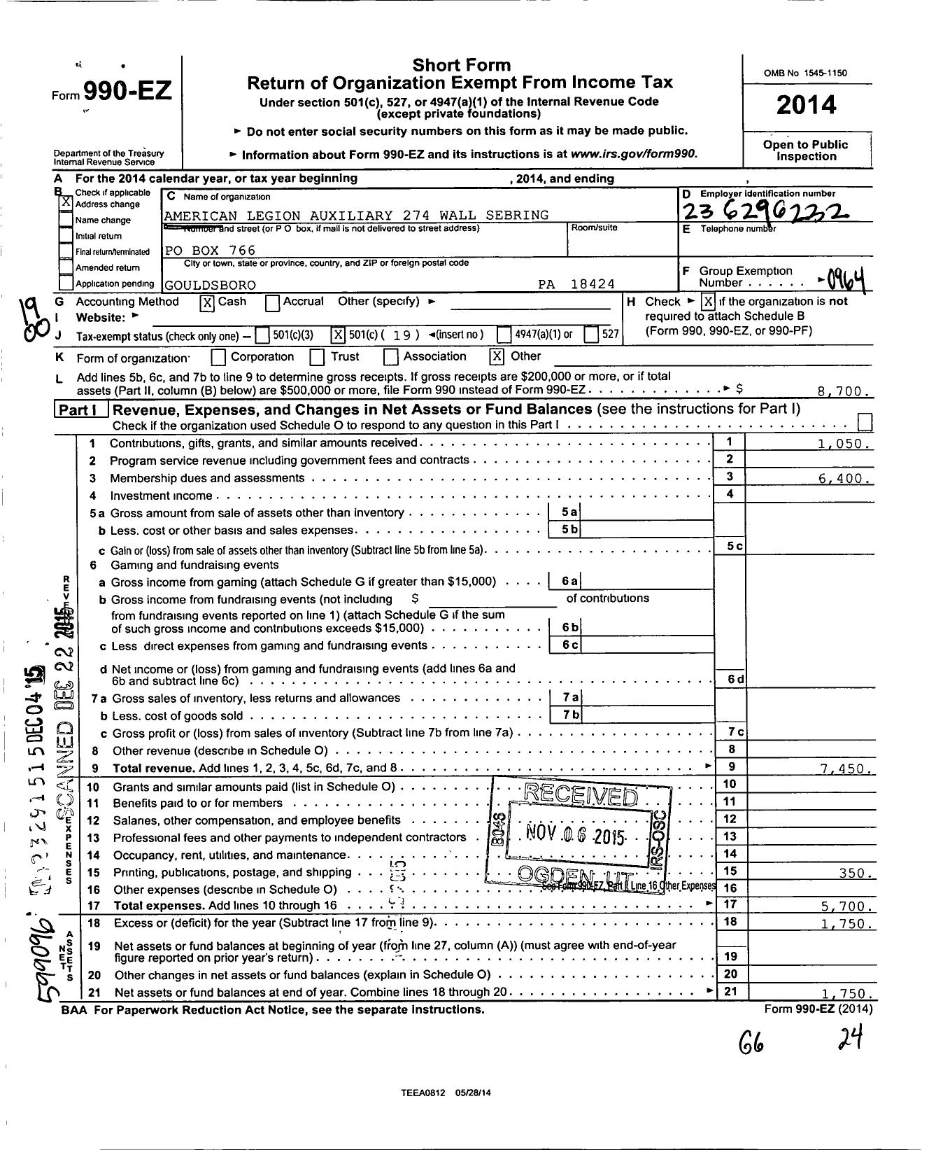 Image of first page of 2014 Form 990EO for American Legion Auxiliary - 274 Wall Sebring