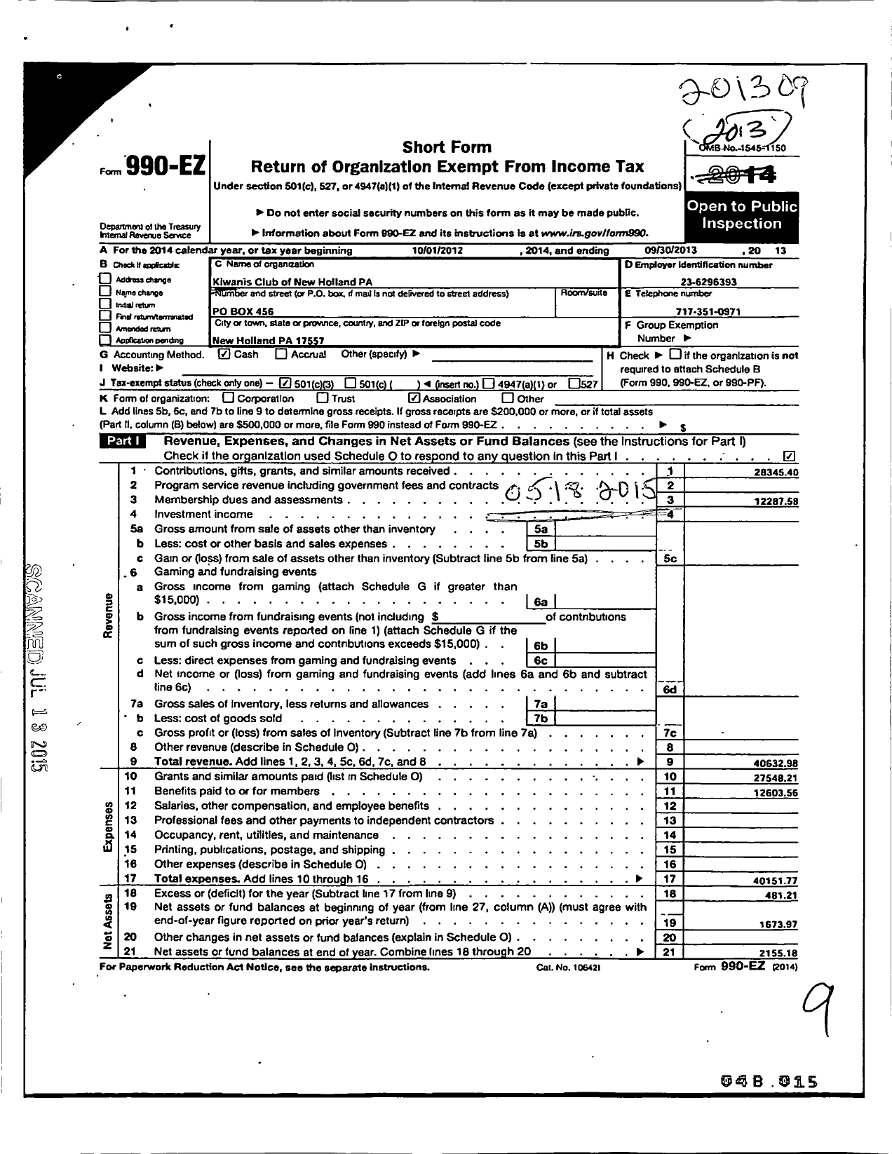 Image of first page of 2012 Form 990EZ for Kiwanis International - K03389 New Holland