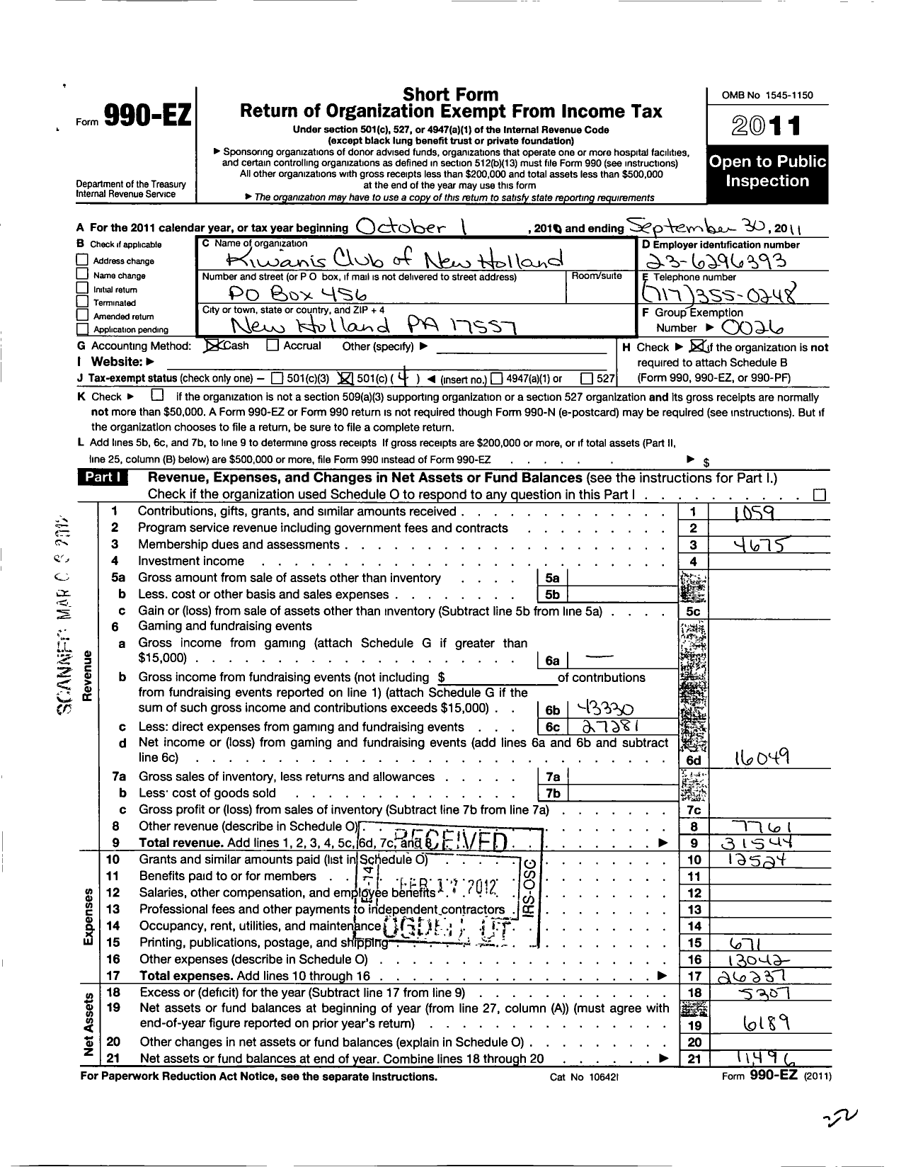 Image of first page of 2010 Form 990EO for Kiwanis International - K03389 New Holland