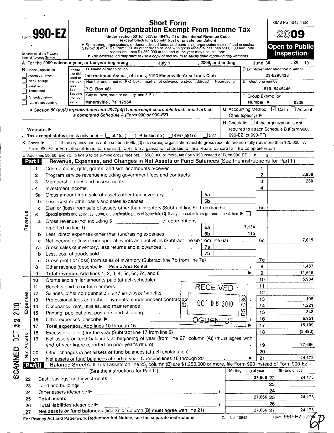 Image of first page of 2009 Form 990EO for Lions Clubs - 6193 Minersville Area L C