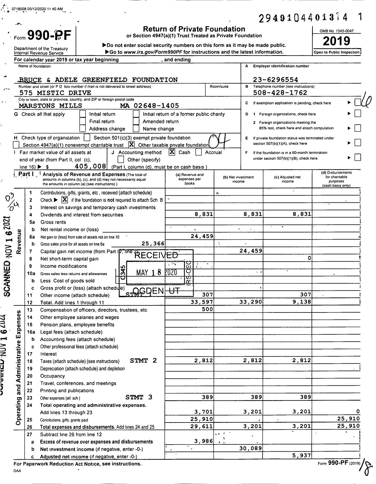 Image of first page of 2019 Form 990PF for Bruce and Adele Greenfield Foundation