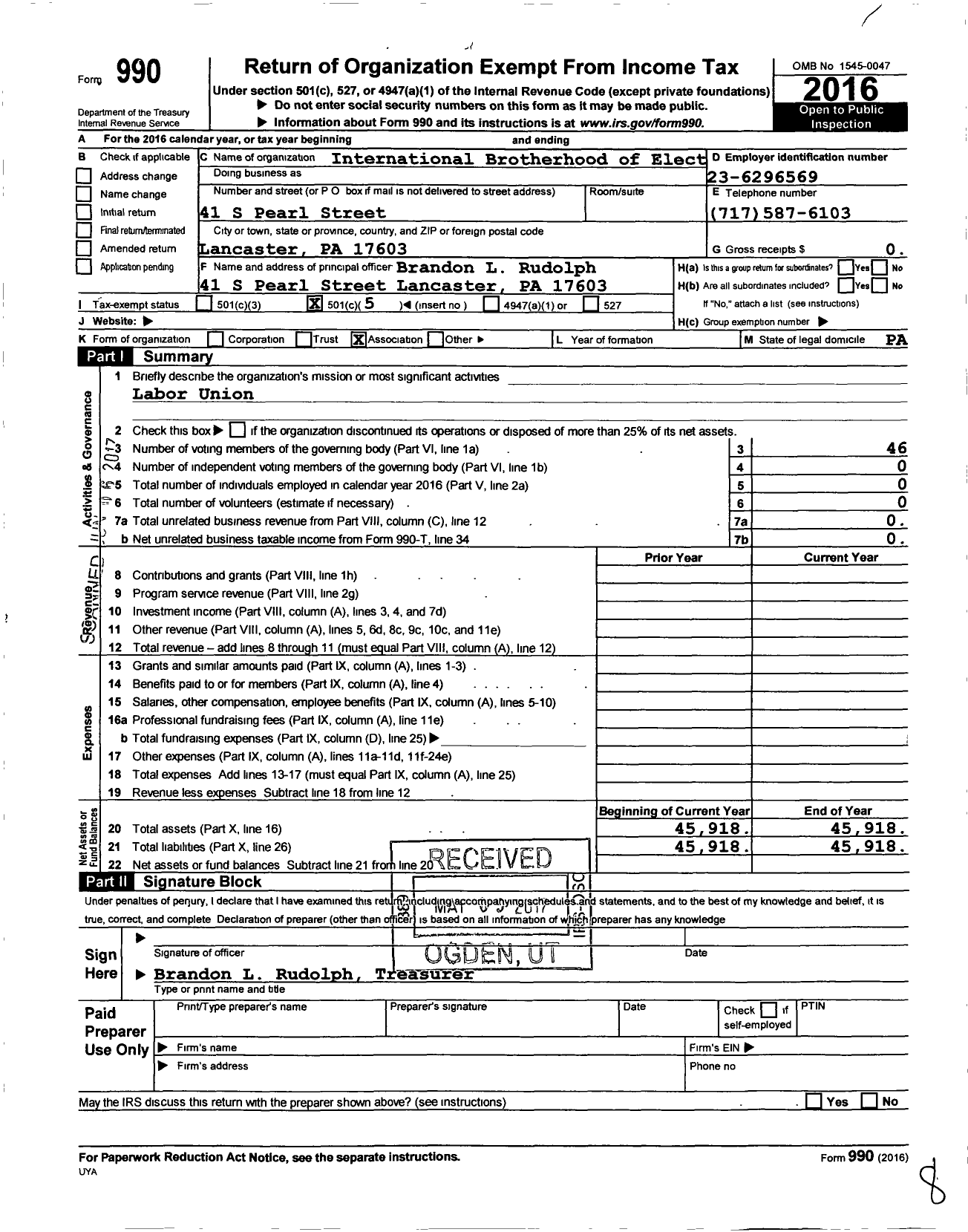 Image of first page of 2016 Form 990O for International Brotherhood of Electrical Workers