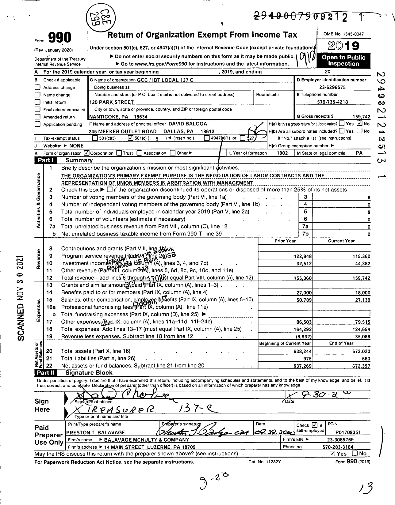 Image of first page of 2019 Form 990O for Graphic Communications Conference - 137-c Wilkes-Barre Local