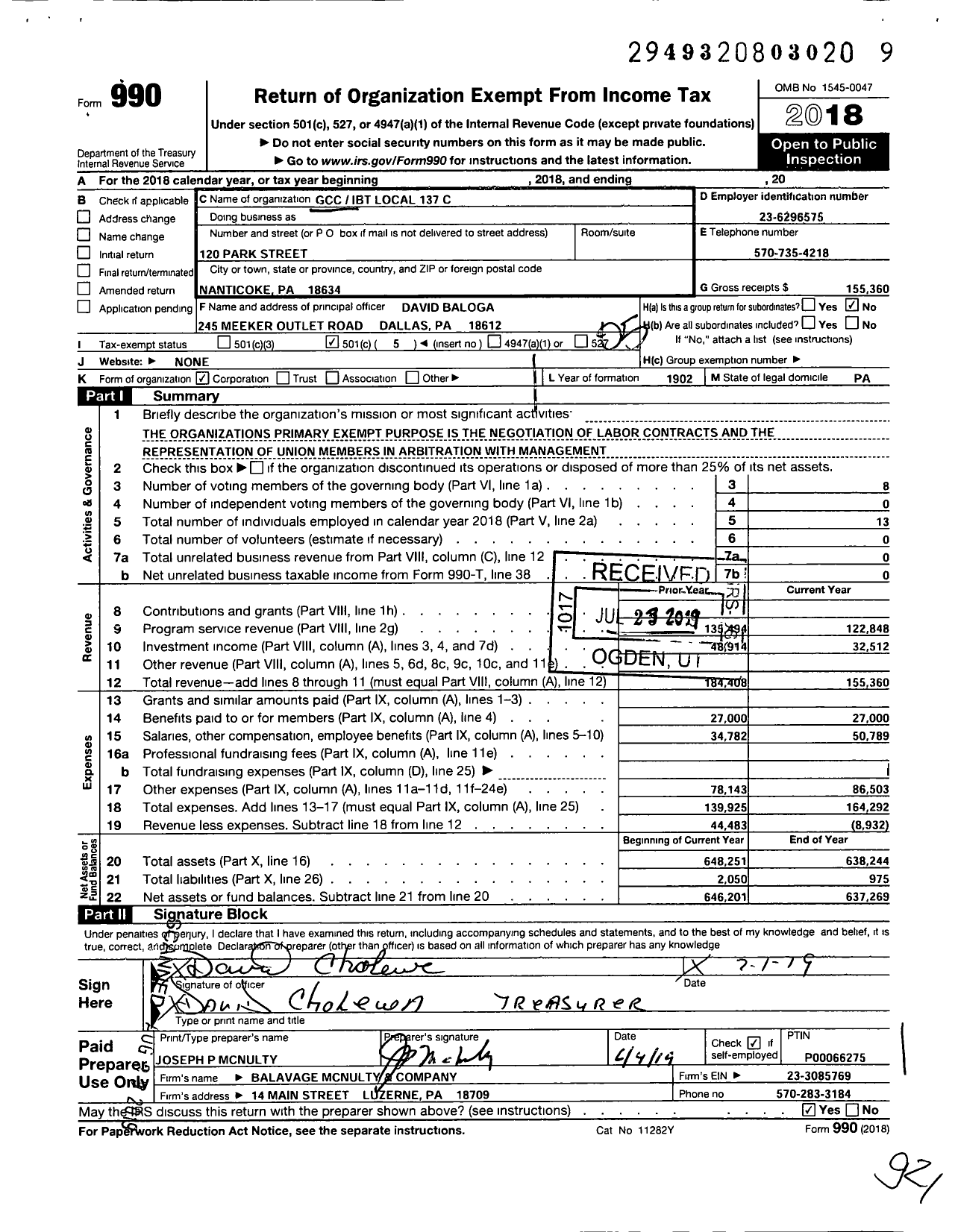 Image of first page of 2018 Form 990O for Graphic Communications Conference - 137-c Wilkes-Barre Local