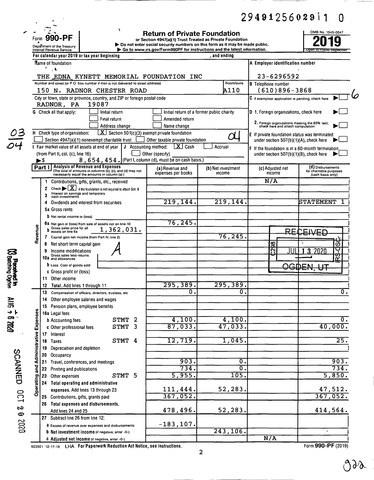 Image of first page of 2019 Form 990PR for The Edna Kynett Memorial Foundation