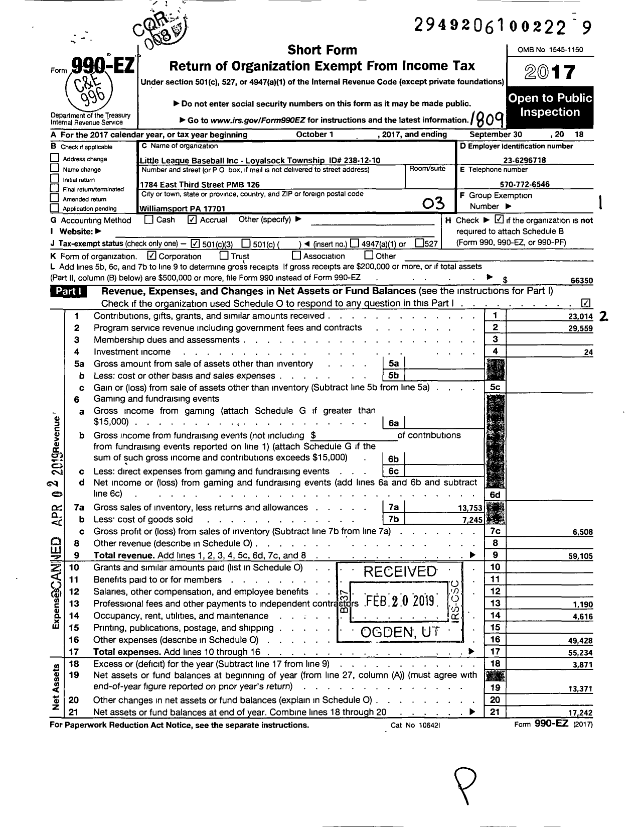 Image of first page of 2017 Form 990EZ for Little League Baseball - 2381210 Loyalsock Township LL