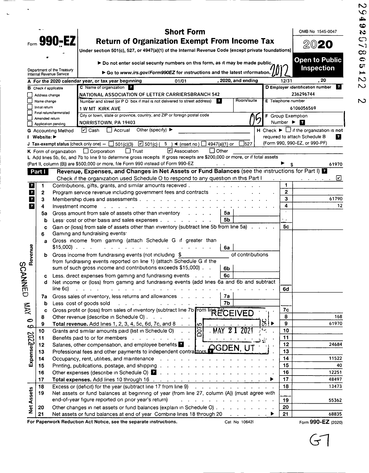 Image of first page of 2020 Form 990EO for National Association of Letter Carriers - 542 Norristown Pennsylvania