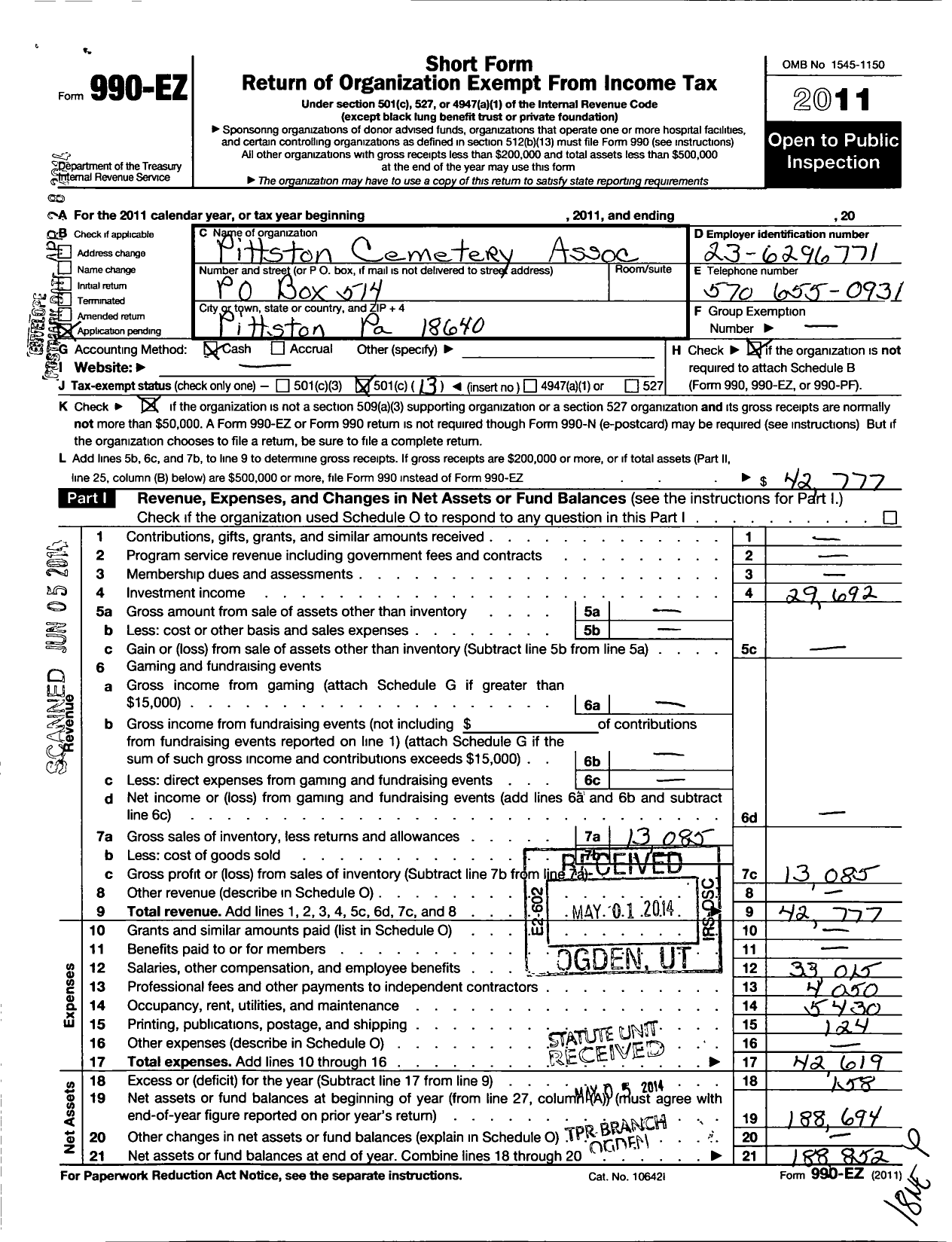 Image of first page of 2011 Form 990EO for Pittston Cemetery Association