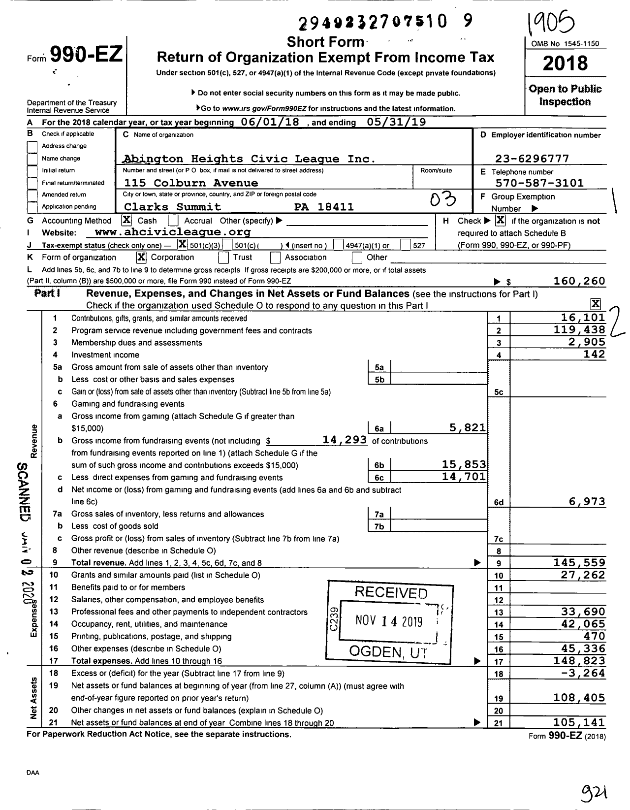 Image of first page of 2018 Form 990EZ for Abington Heights Civic League