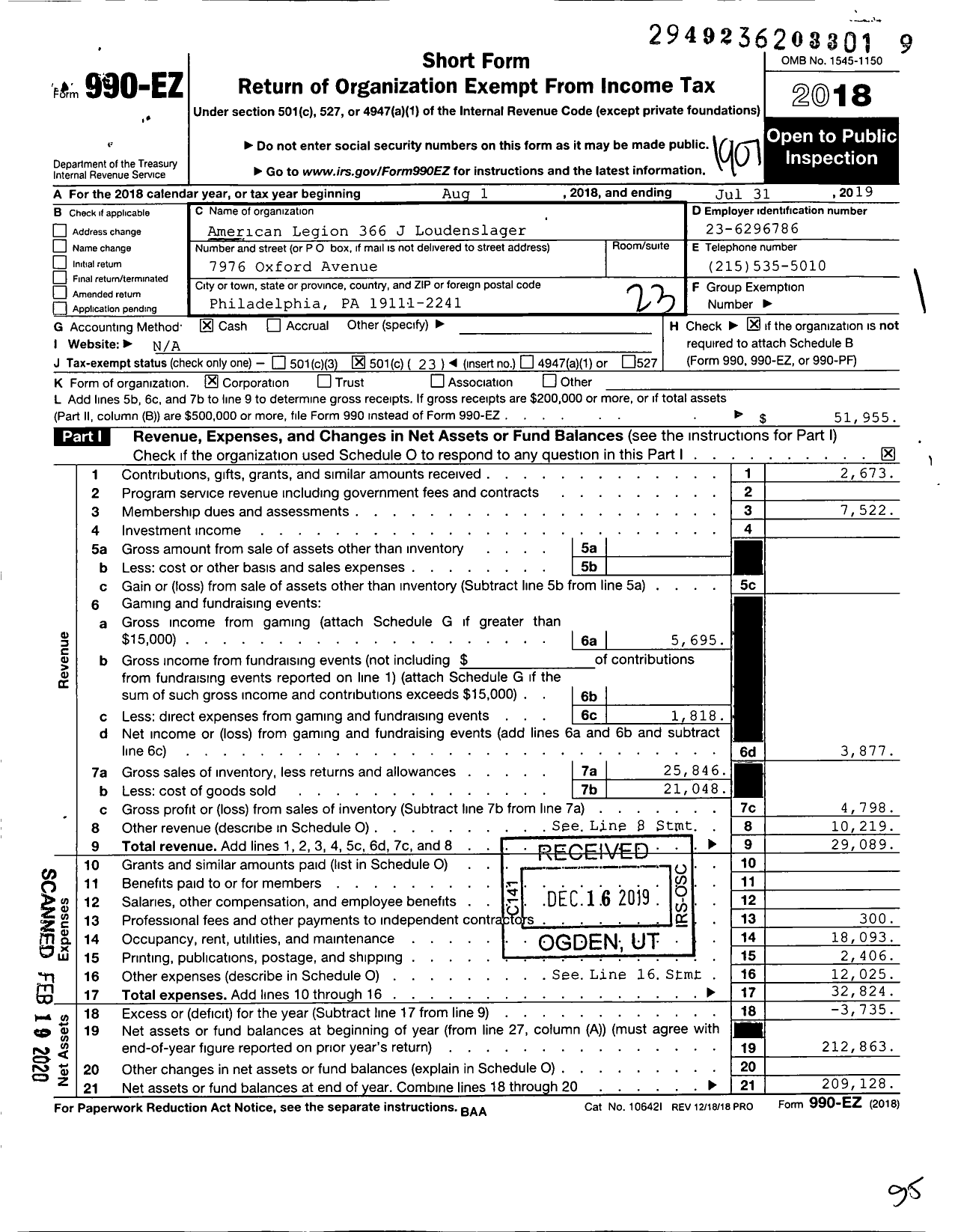 Image of first page of 2018 Form 990EO for American Legion - 0366 Corp John Loudenslager Post Pa