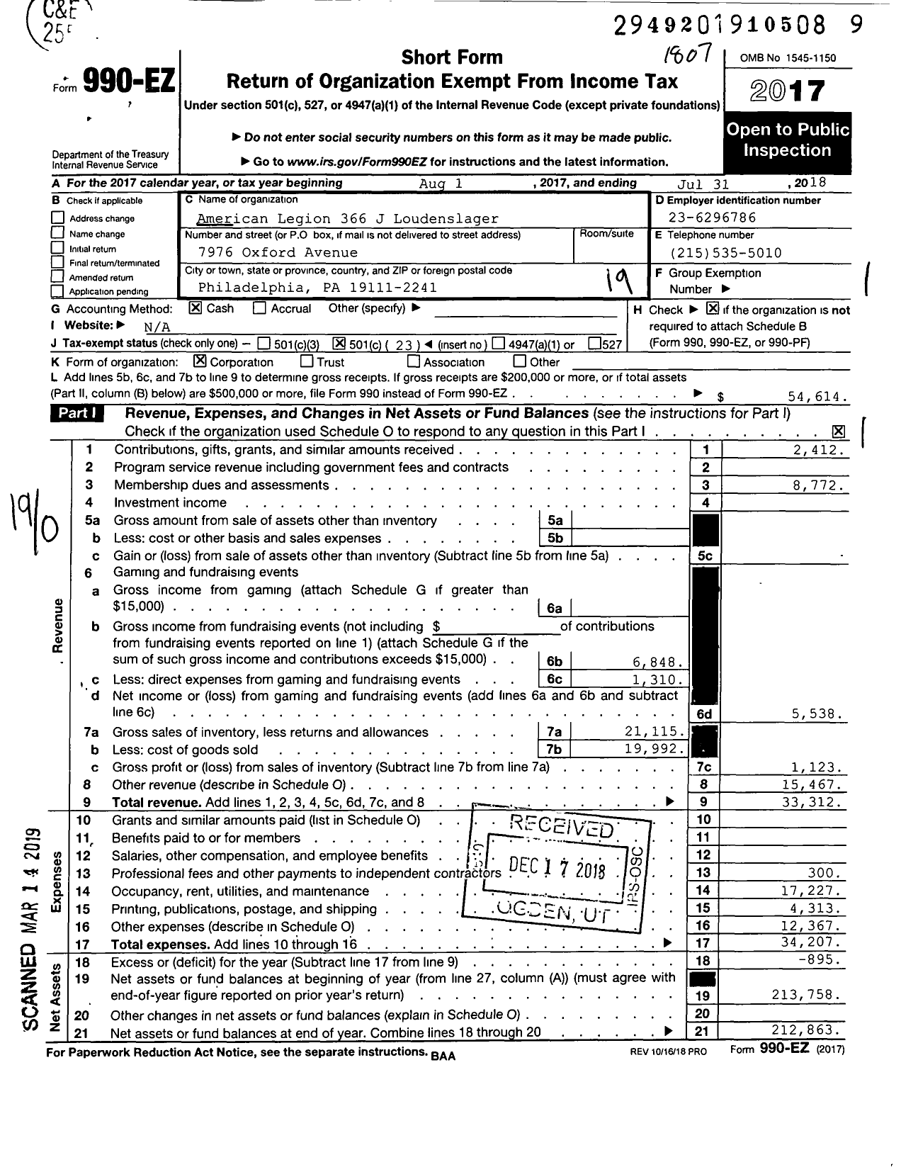 Image of first page of 2017 Form 990EO for American Legion - 0366 Corp John Loudenslager Post Pa