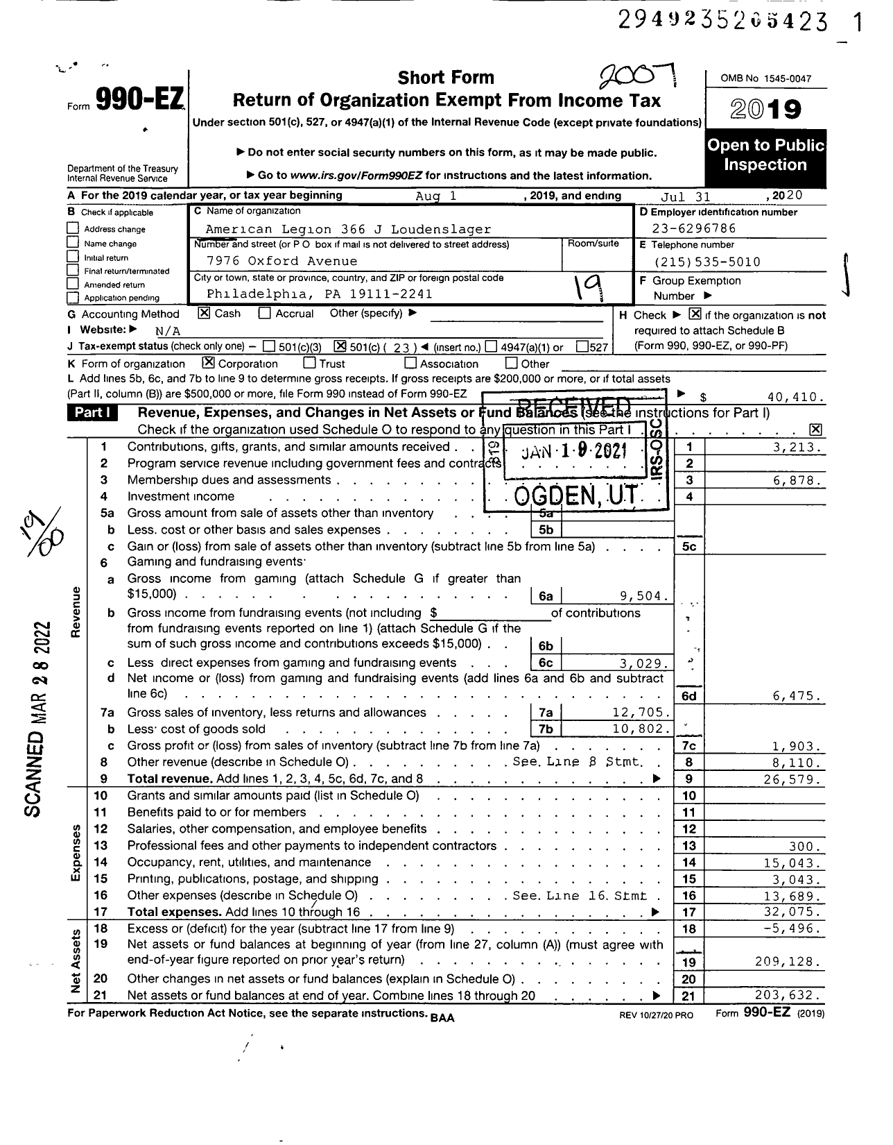 Image of first page of 2019 Form 990EO for American Legion - 0366 Corp John Loudenslager Post Pa