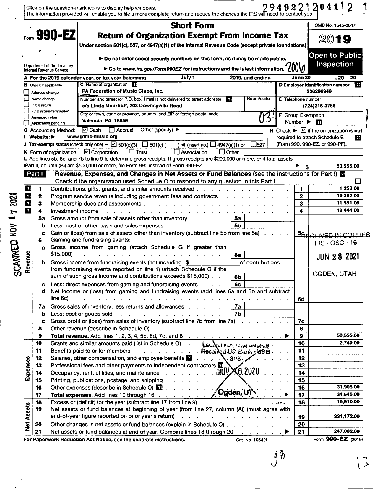 Image of first page of 2019 Form 990EZ for Pennsylvania Federation of Music Clubs