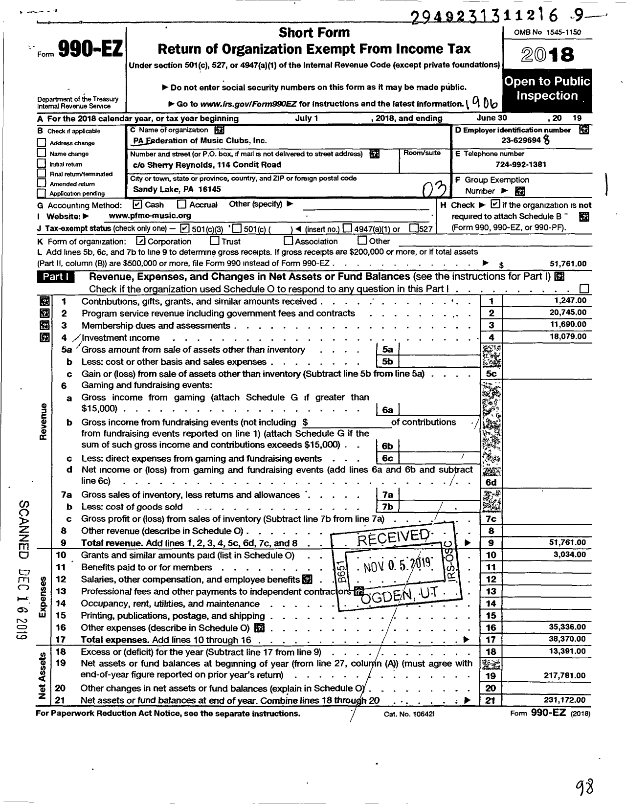 Image of first page of 2018 Form 990EZ for Pennsylvania Federation of Music Clubs