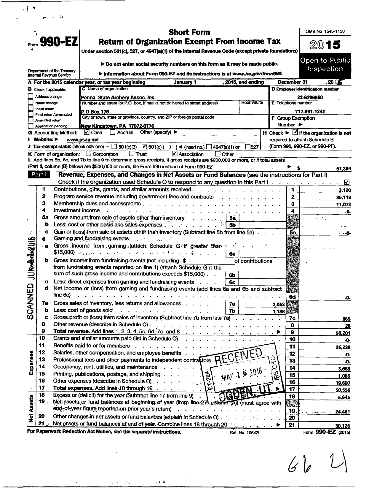 Image of first page of 2015 Form 990EO for Penna State Archery Association