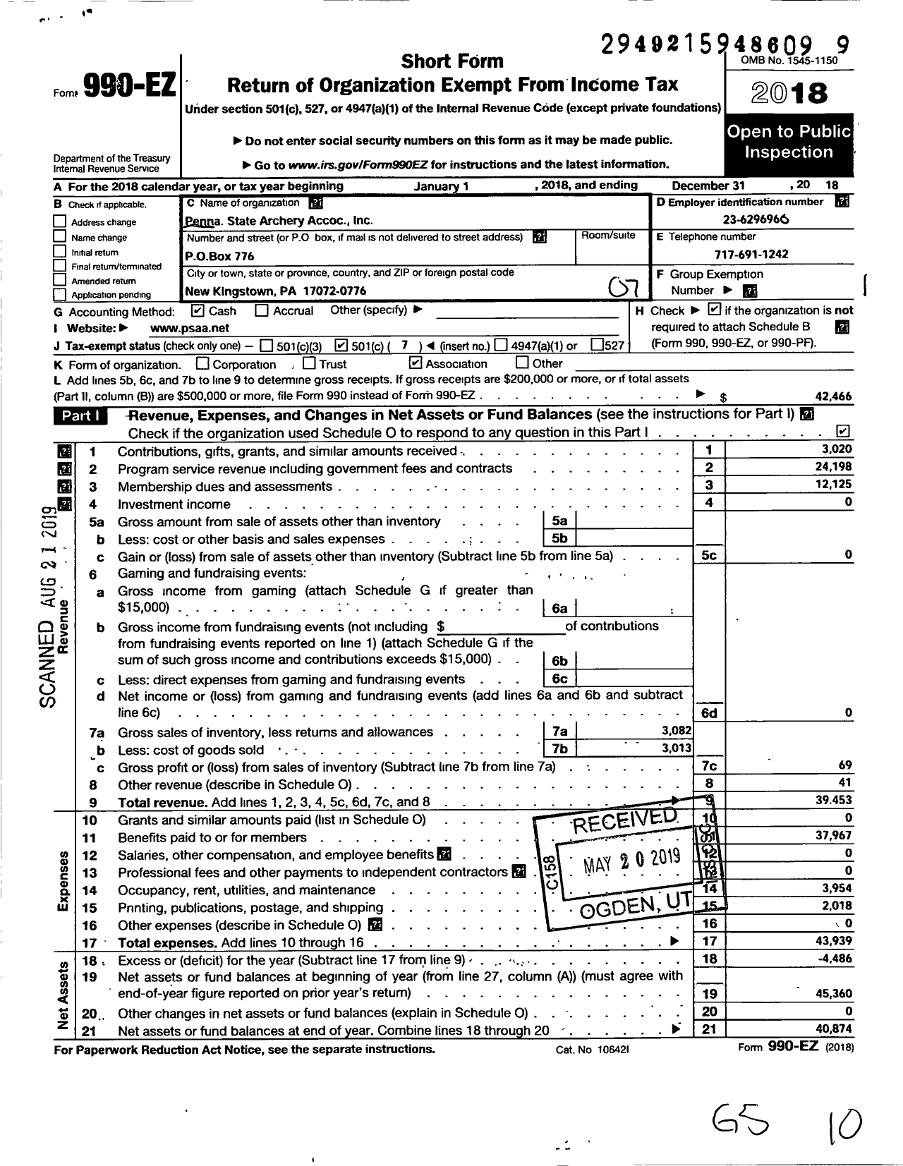 Image of first page of 2018 Form 990EO for Penna State Archery Association