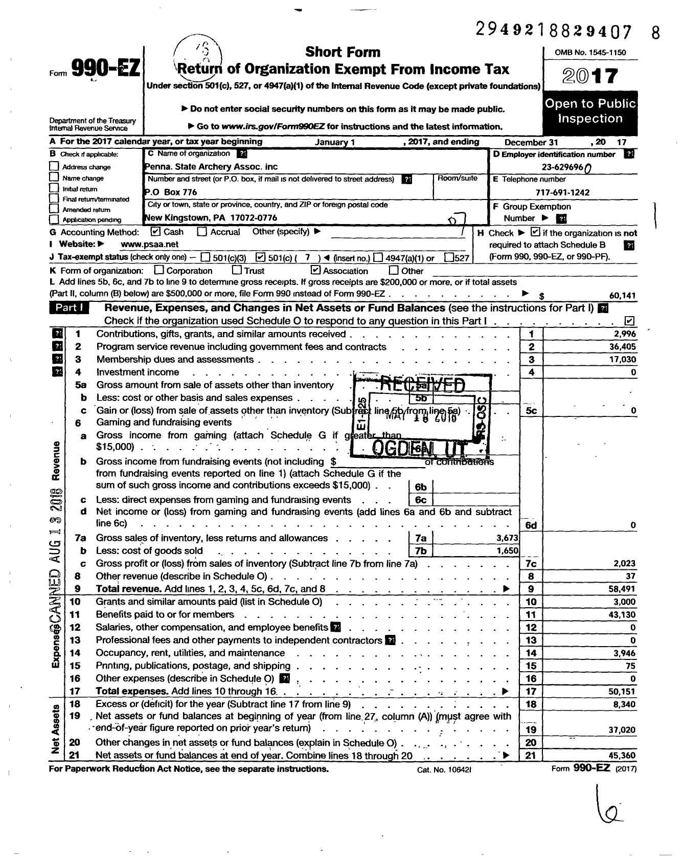 Image of first page of 2017 Form 990EO for Penna State Archery Association