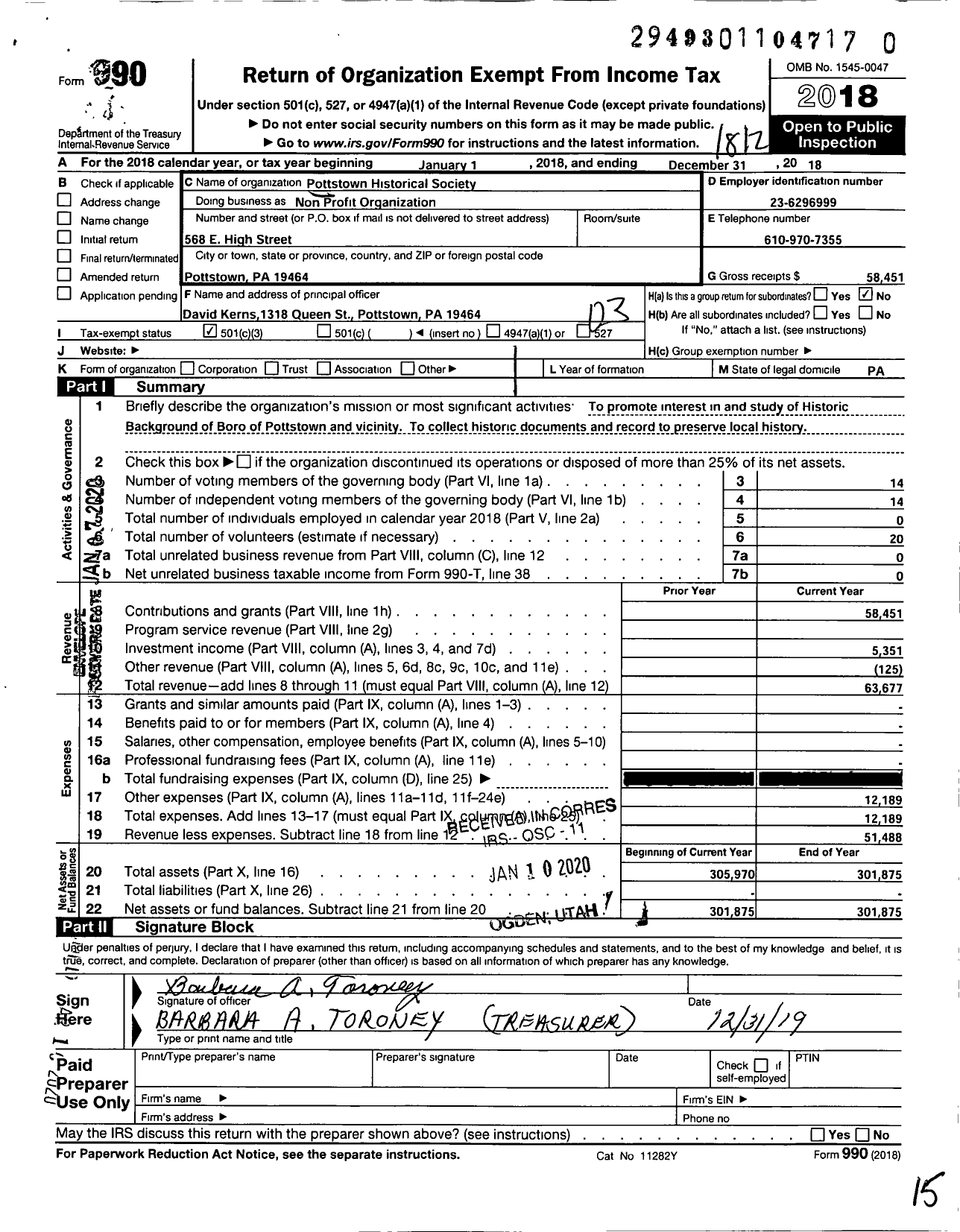 Image of first page of 2018 Form 990 for Pottstown Historical Society