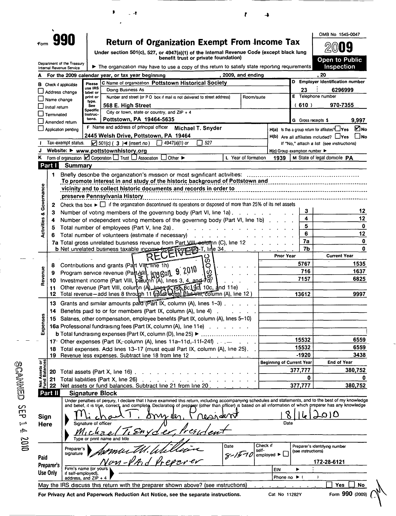 Image of first page of 2009 Form 990 for Pottstown Historical Society