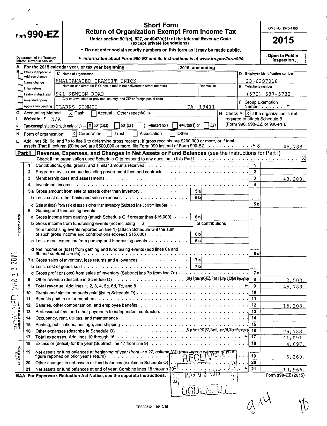 Image of first page of 2015 Form 990EZ for Amalgamated Transit Union - 168 Local