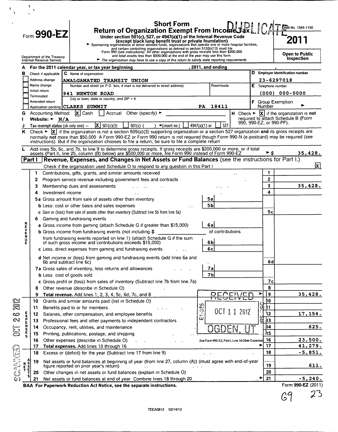 Image of first page of 2011 Form 990EZ for Amalgamated Transit Union - 168 Local