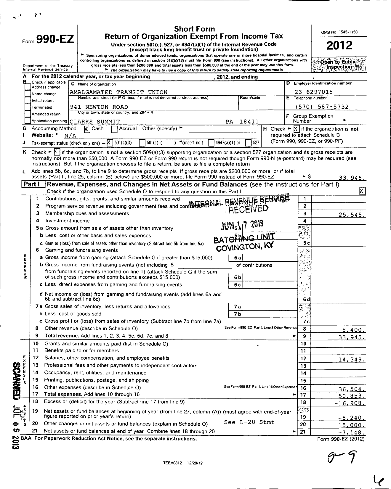 Image of first page of 2012 Form 990EZ for Amalgamated Transit Union - 168 Local