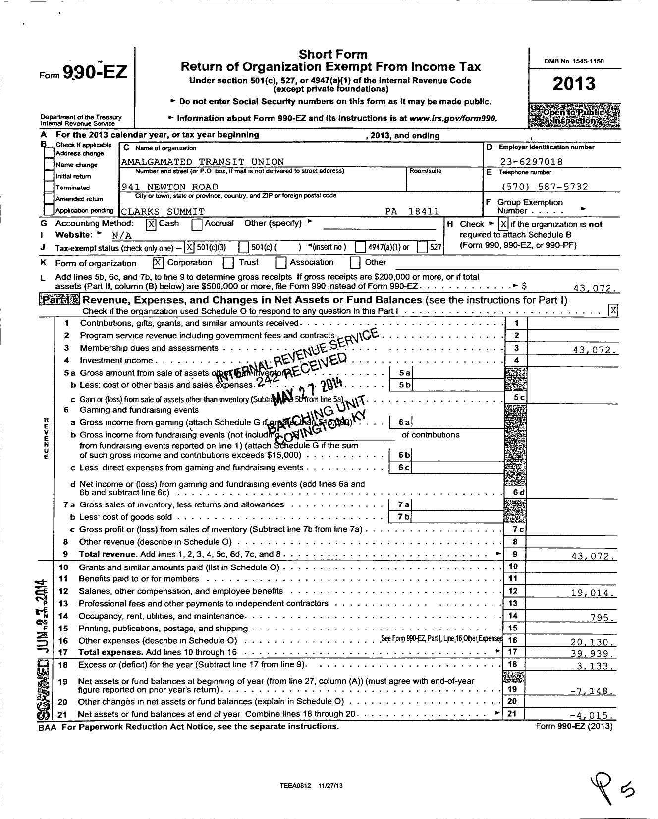 Image of first page of 2013 Form 990EZ for Amalgamated Transit Union - 168 Local