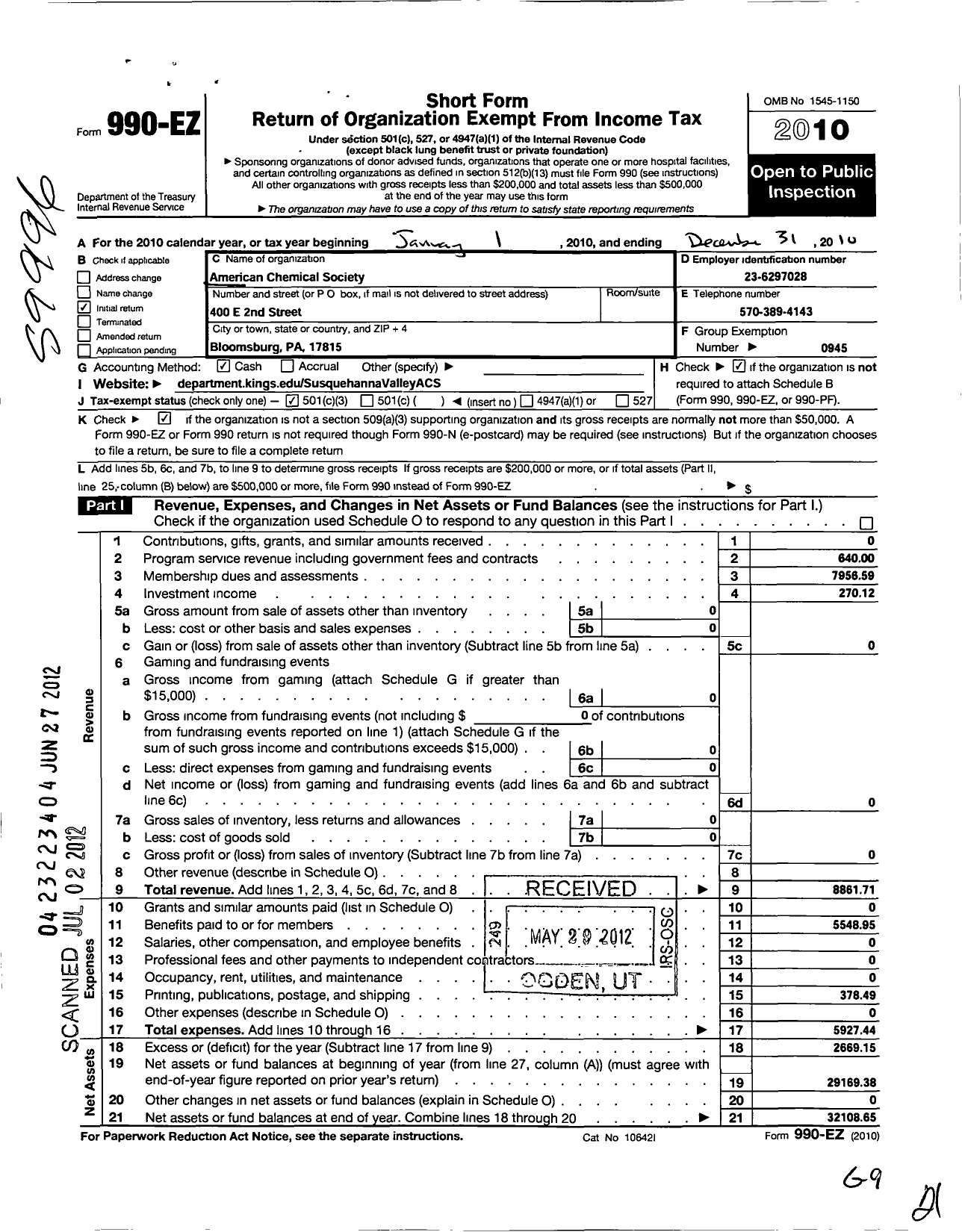 Image of first page of 2010 Form 990EZ for American Chemical Society - Susquehanna Valley Section