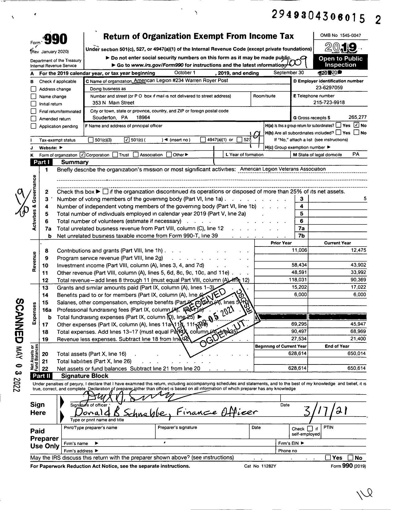 Image of first page of 2019 Form 990O for AMERICAN LEGION - 234 Warren Royer Post