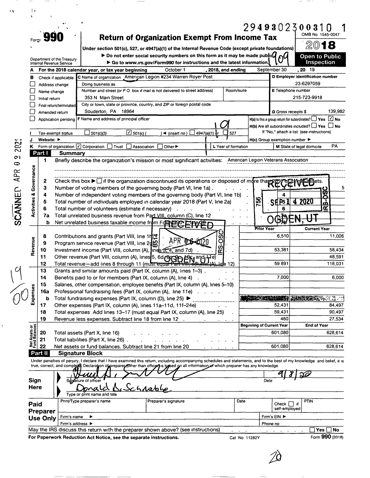 Image of first page of 2018 Form 990O for AMERICAN LEGION - 234 Warren Royer Post