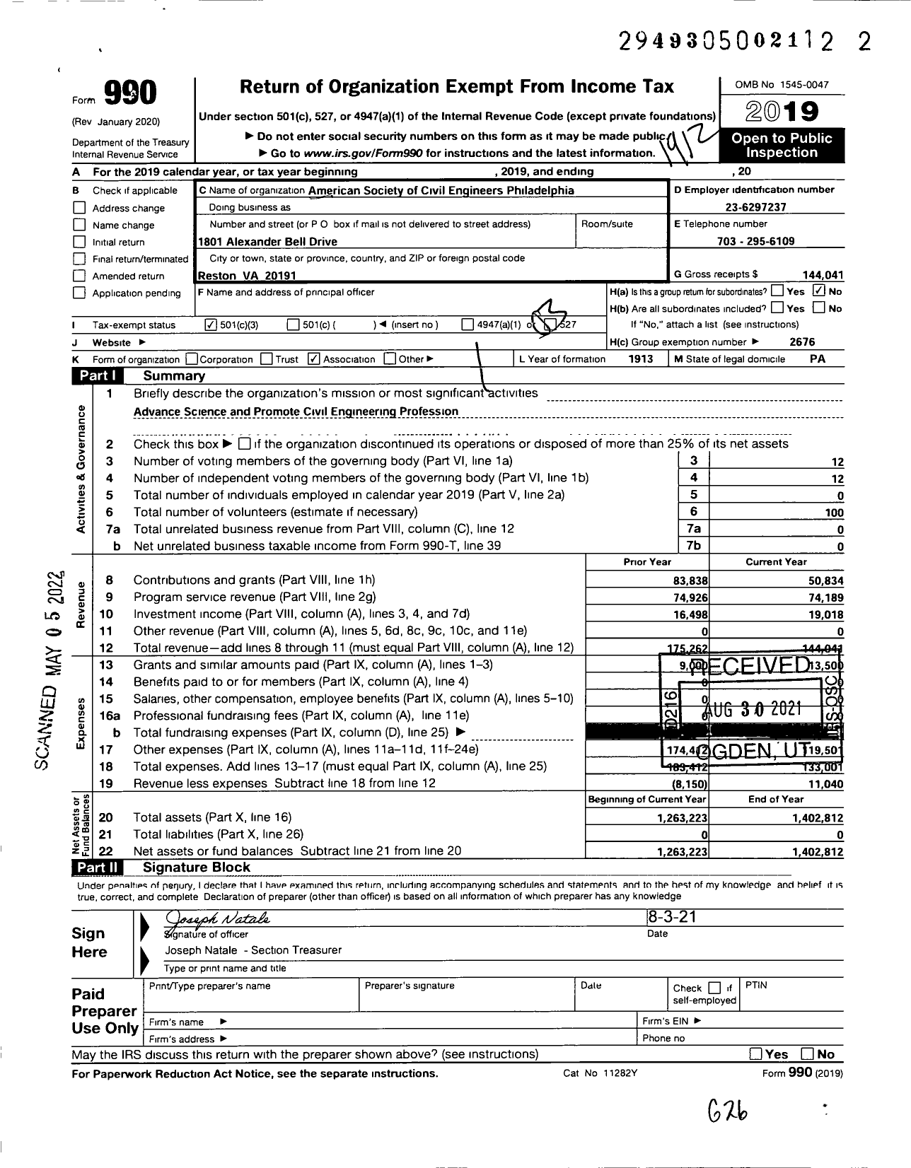 Image of first page of 2019 Form 990 for AMERICAN SOCIETY OF CIVIL ENGINEERS Philadelphia Section