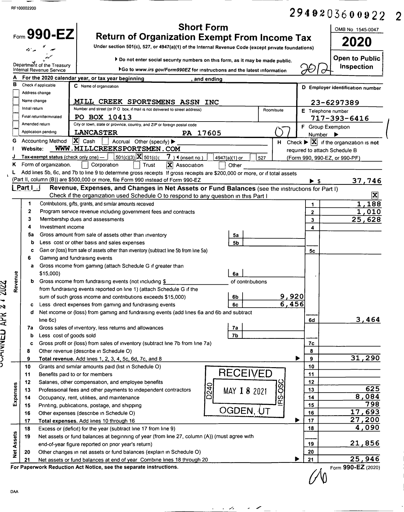 Image of first page of 2020 Form 990EO for Mill Creek Sportsmens Association