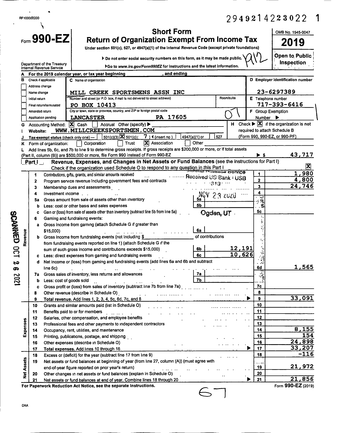 Image of first page of 2019 Form 990EO for Mill Creek Sportsmens Association