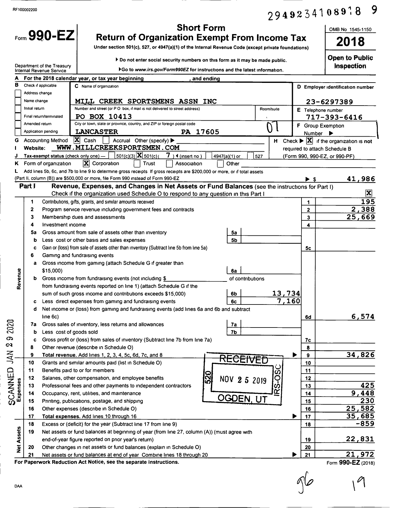 Image of first page of 2018 Form 990EO for Mill Creek Sportsmens Association