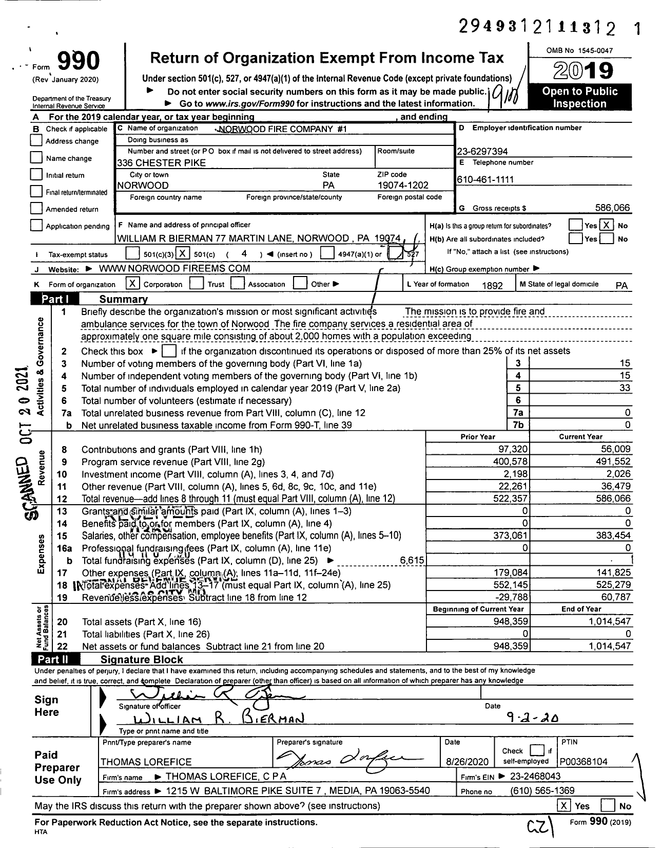 Image of first page of 2019 Form 990O for Norwood Fire Company #1