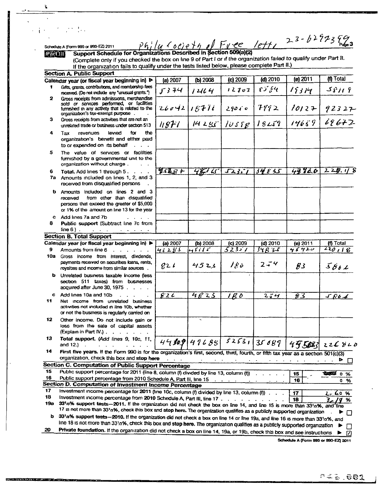 Image of first page of 2011 Form 990ER for Philadelphia Society of Free Letts