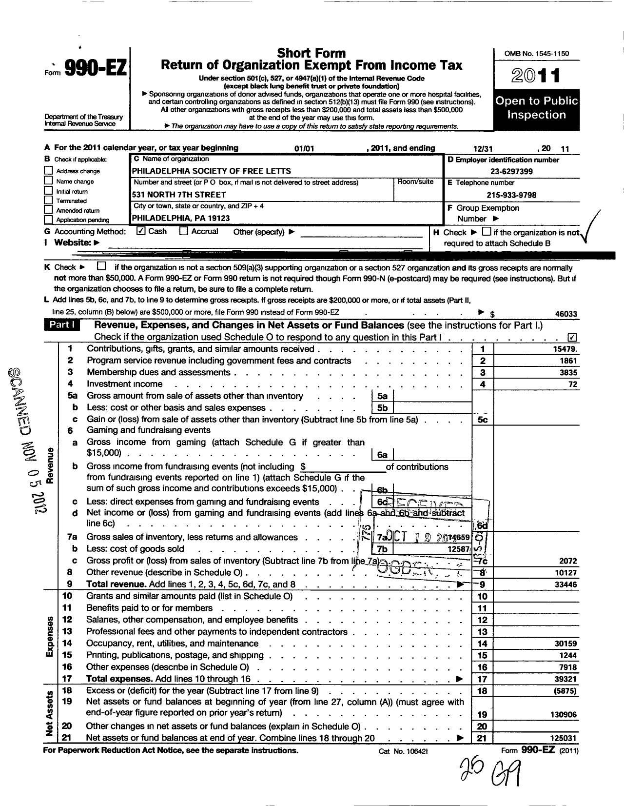 Image of first page of 2011 Form 990EO for Philadelphia Society of Free Letts