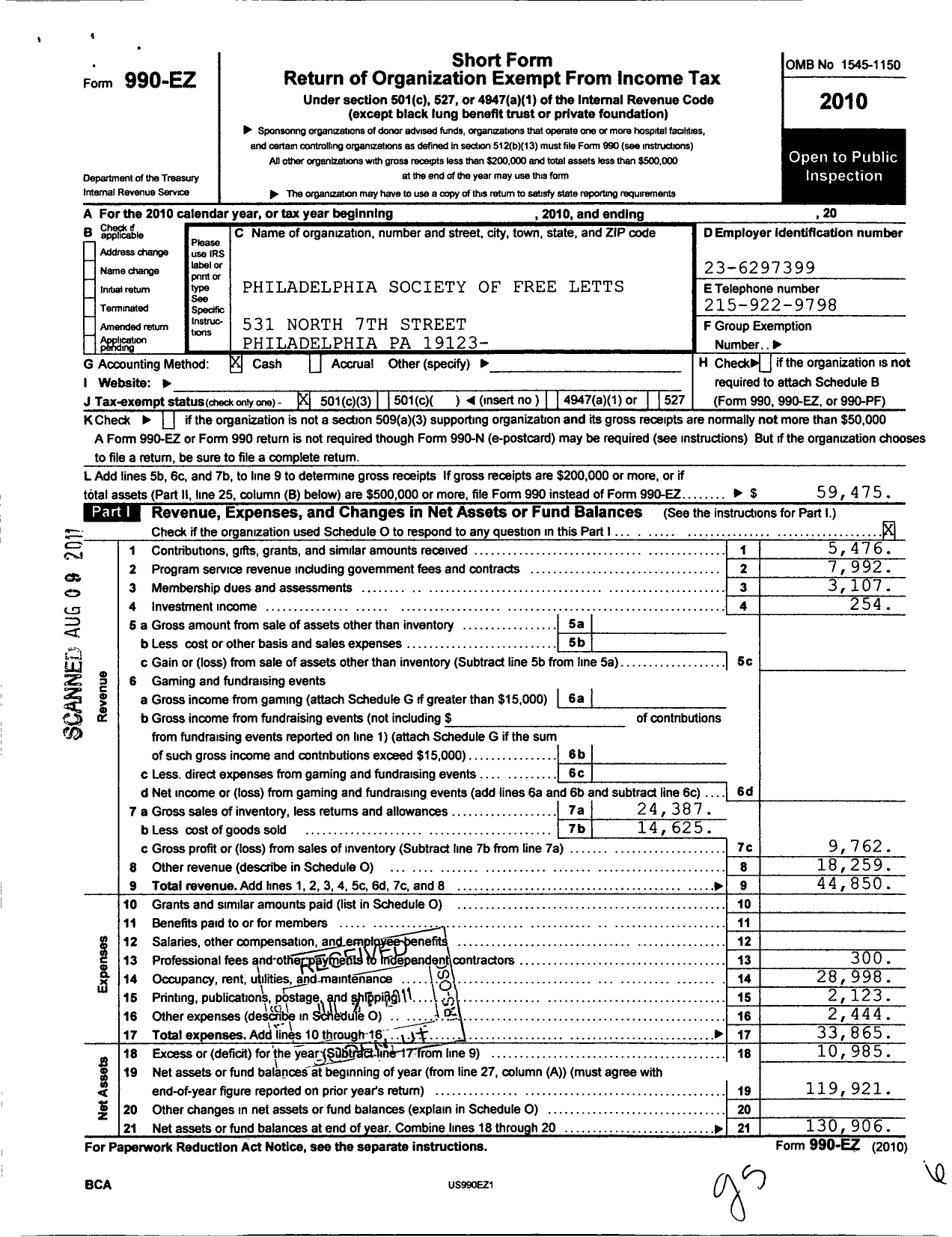 Image of first page of 2010 Form 990EZ for Philadelphia Society of Free Letts