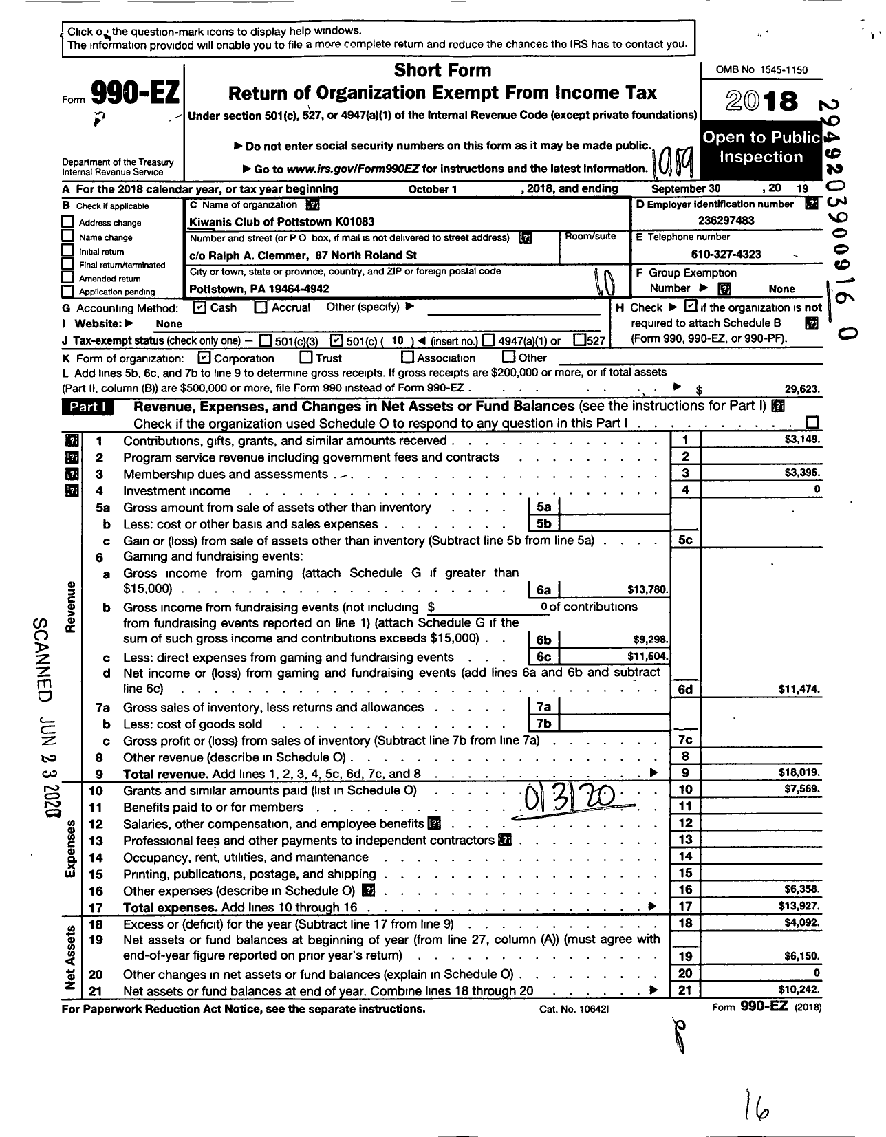 Image of first page of 2018 Form 990EO for Kiwanis INTERNATIONAL - K01083 Pottstown