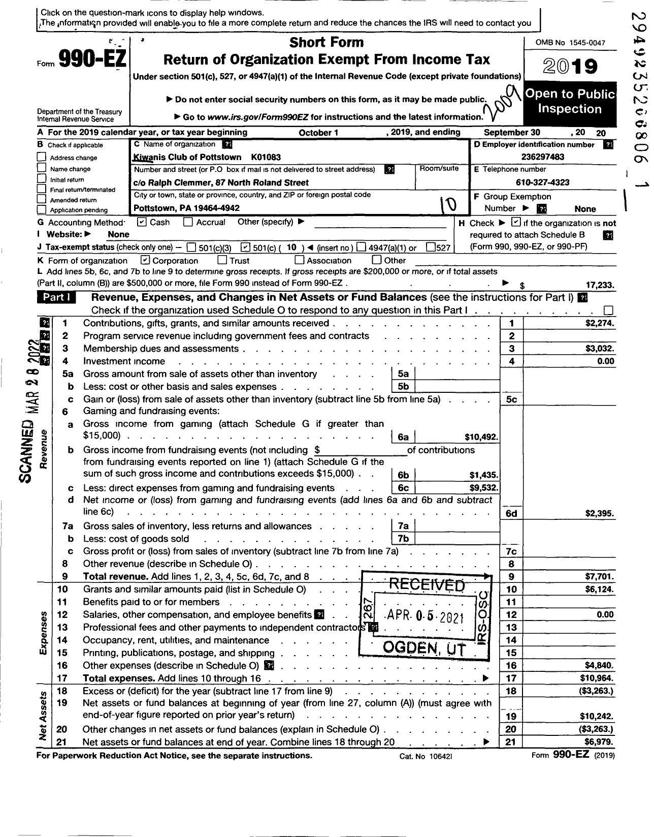 Image of first page of 2019 Form 990EO for Kiwanis INTERNATIONAL - K01083 Pottstown