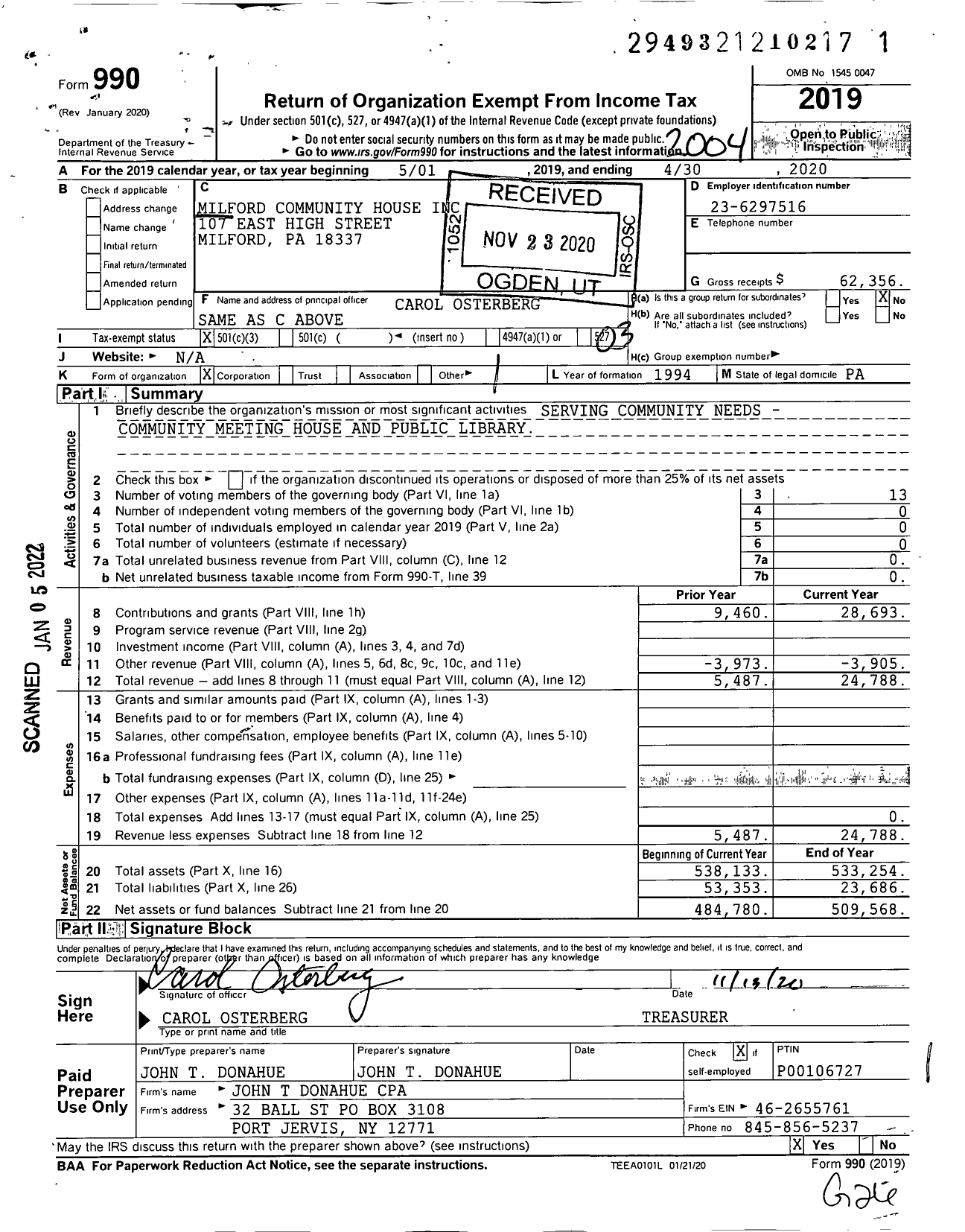 Image of first page of 2019 Form 990 for Milford Community House