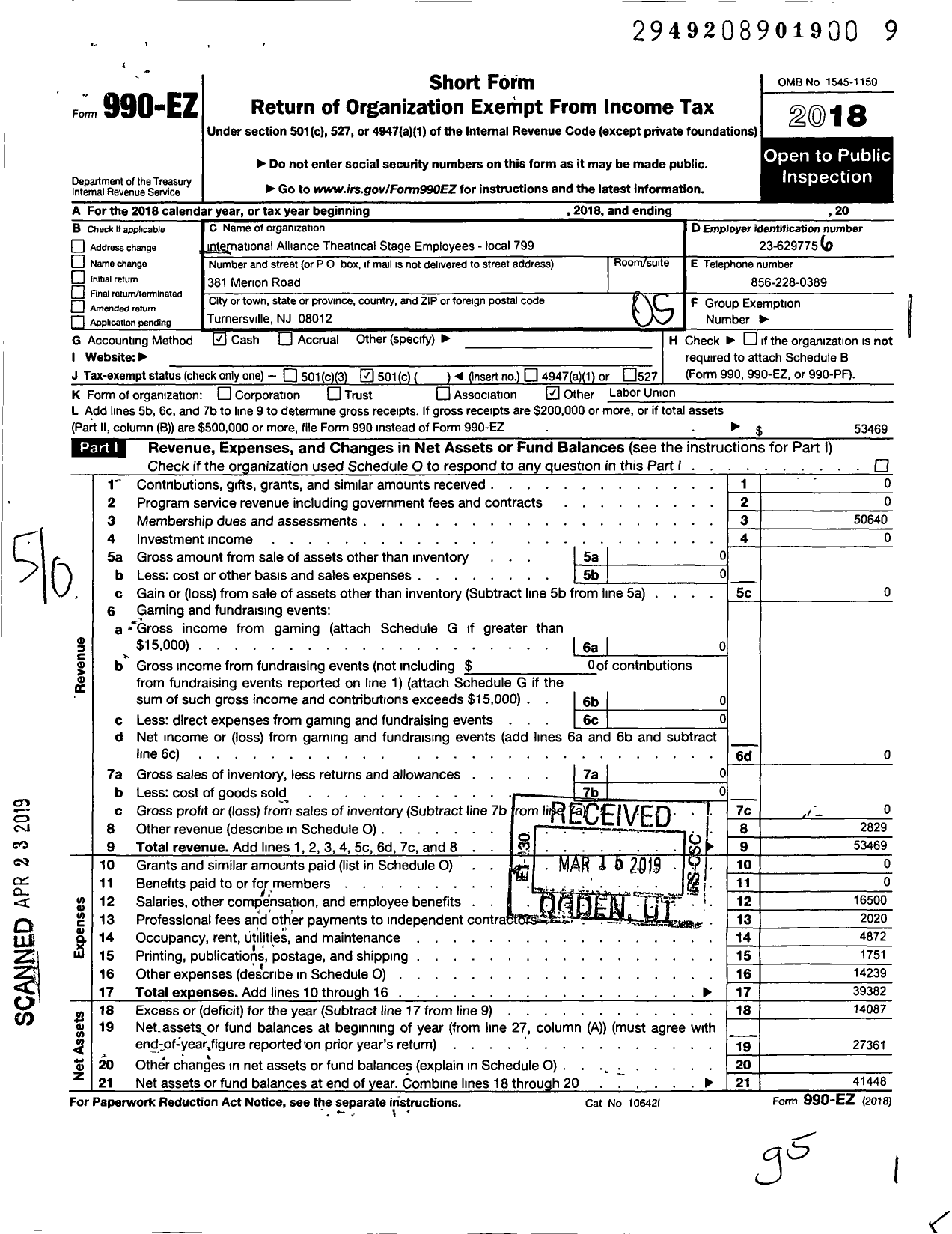 Image of first page of 2018 Form 990EO for International Alliance of Theatrical Stage Employees - 799 Local