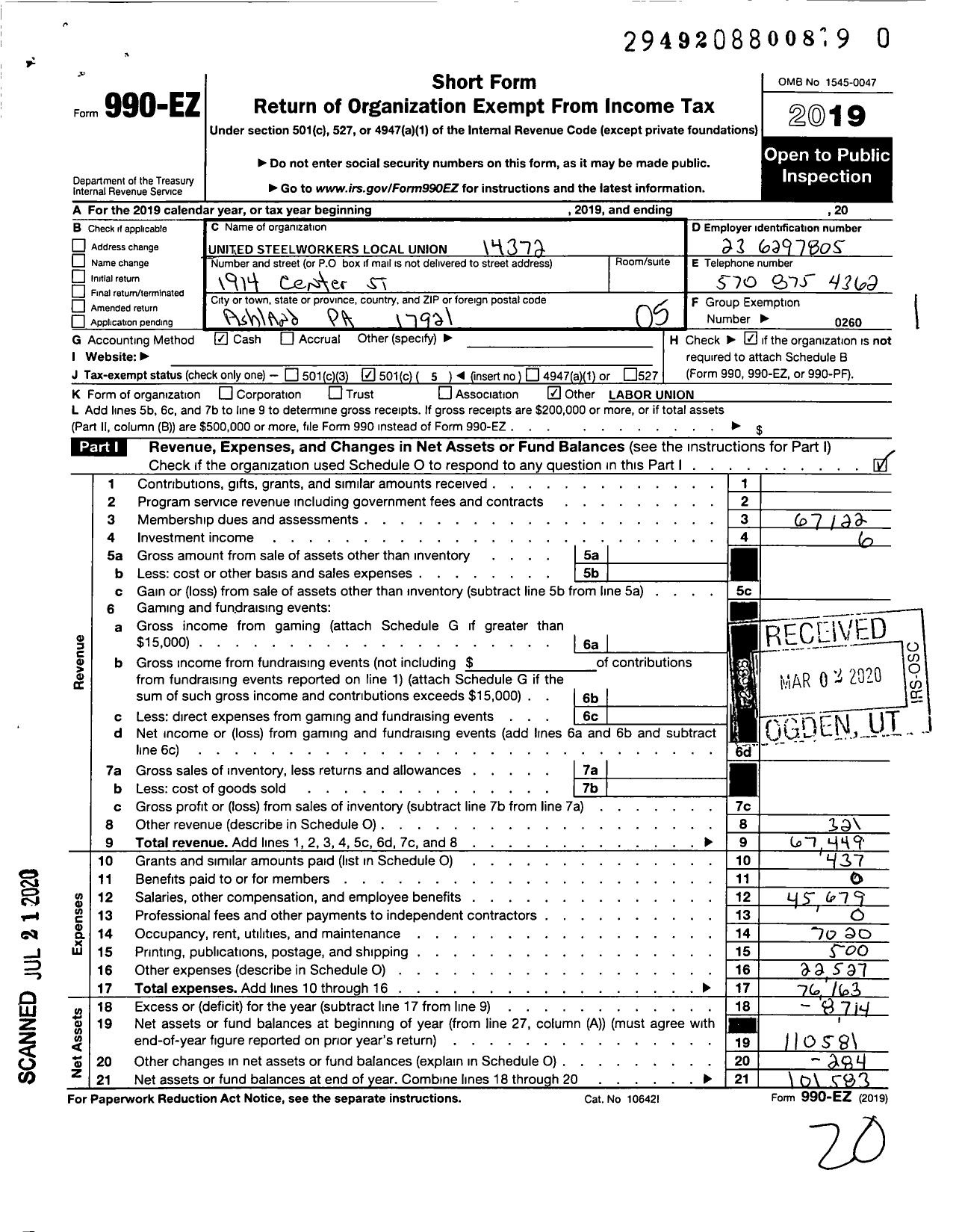 Image of first page of 2019 Form 990EO for United Steelworkers - 14372 Local District 10