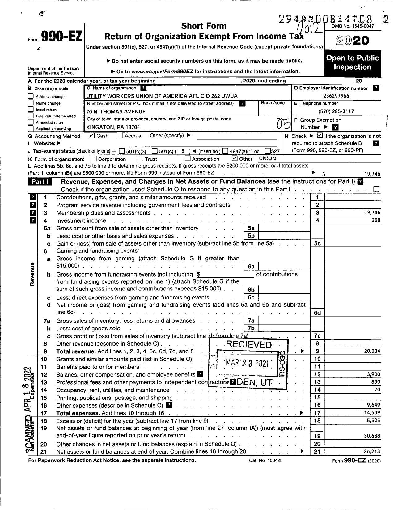 Image of first page of 2020 Form 990EO for Utility Workers Union of America - 262 Uwua